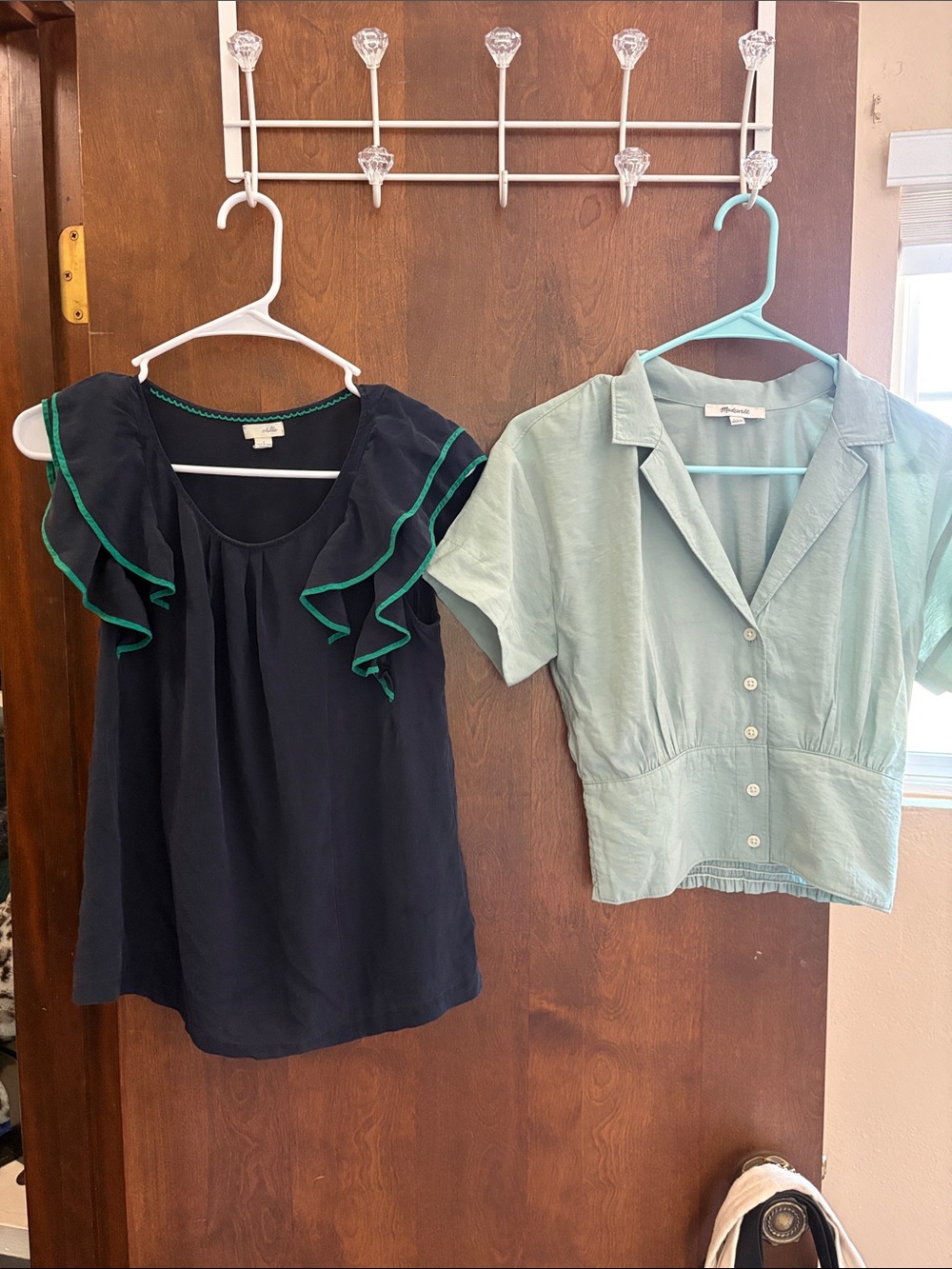 Odille Navy Blouse with Green Trim & Light Seafoam Button-Up Top
